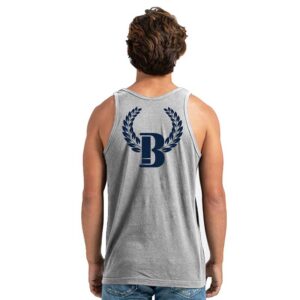 A man wearing a tank top with the letter b on it.