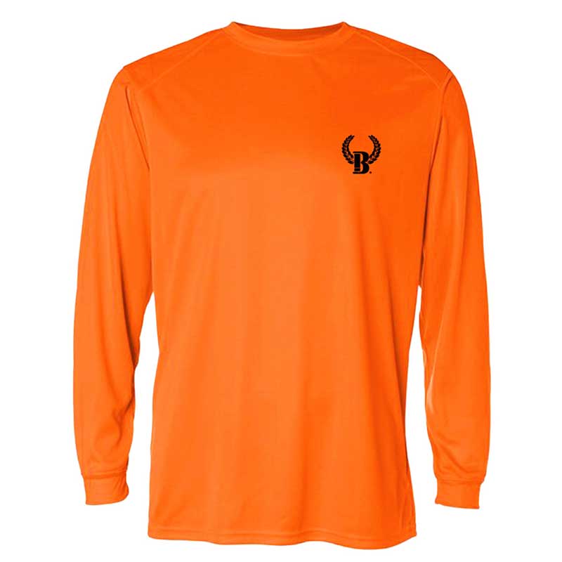 A long sleeve orange shirt with an animal on it.