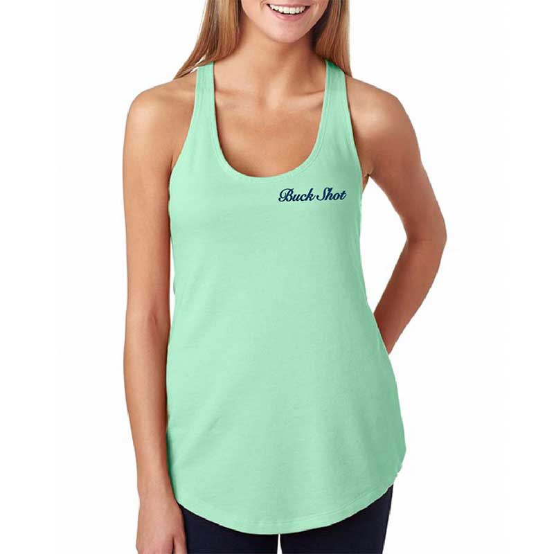 A woman wearing a tank top with the words 