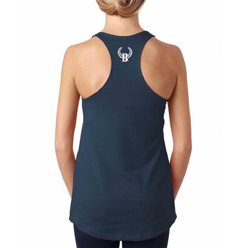 A woman wearing a tank top with a logo on the back.