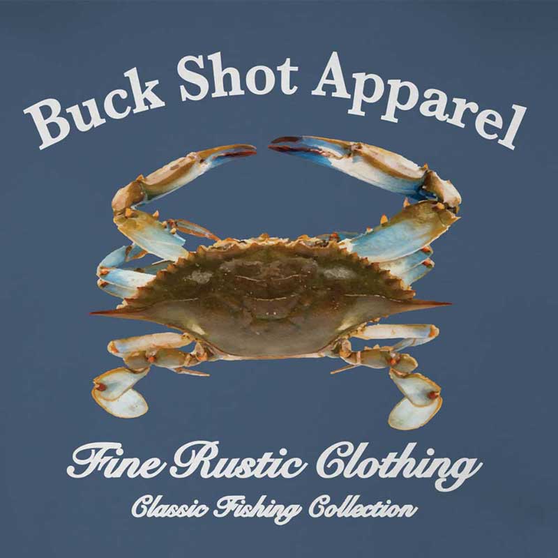 A crab is shown on the front of a blue shirt.