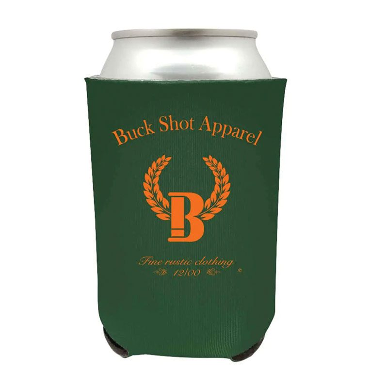A can of beer with the words " buck shot apparel !" on it.