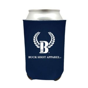 A can holder with the buck shot apparel logo on it.