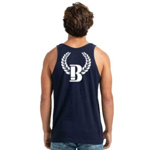 A man wearing a tank top with the letter b on it.
