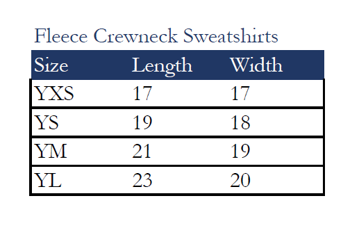 youth fleece crewneck size chart