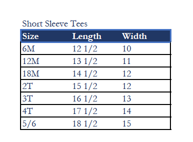 Kids short sleeve t-shirt size chart Size chart for kids short sleeve t-shirts