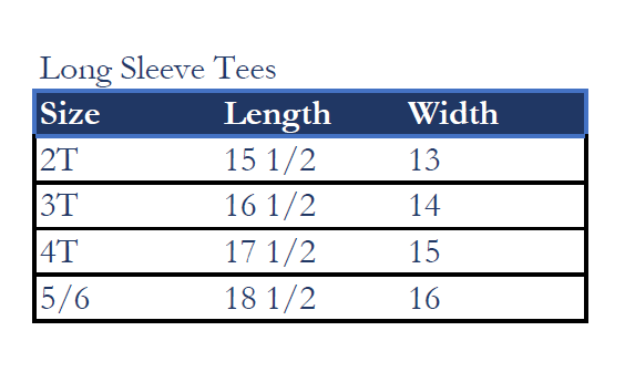 Kids long sleeve t-shirts size chart kids size chart
