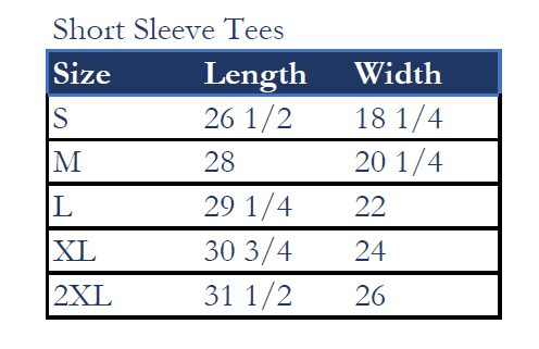 youth short sleeve t-shirt size chart