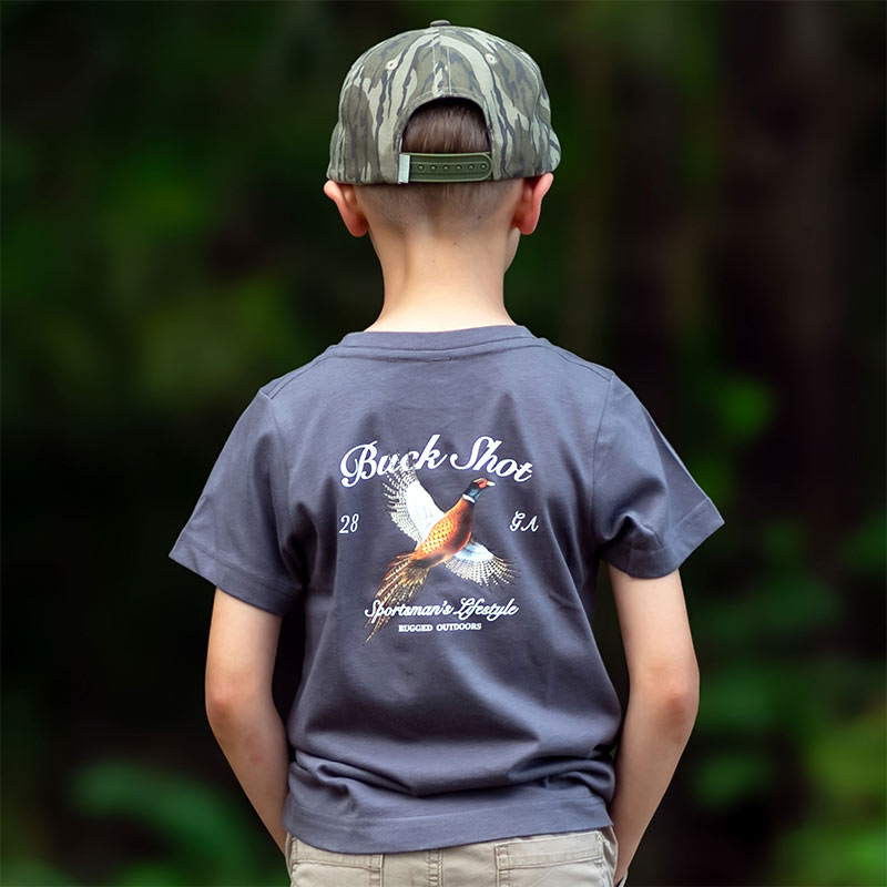 Youth-Pheasant-back Youth wearing a charcoal colored short sleeve graphic t-shirt featuring a male pheasant