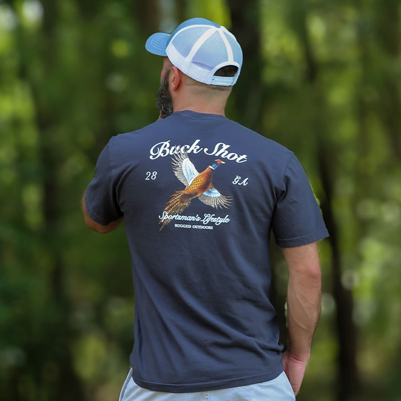 Pheasant-Back-Web Man wearing a charcoal graphic t-shirt featuring a male pheasant