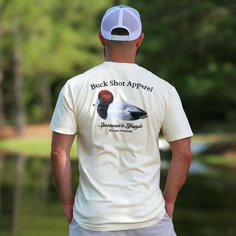 Man wearing t-shirt with graphic of a Redhead duck