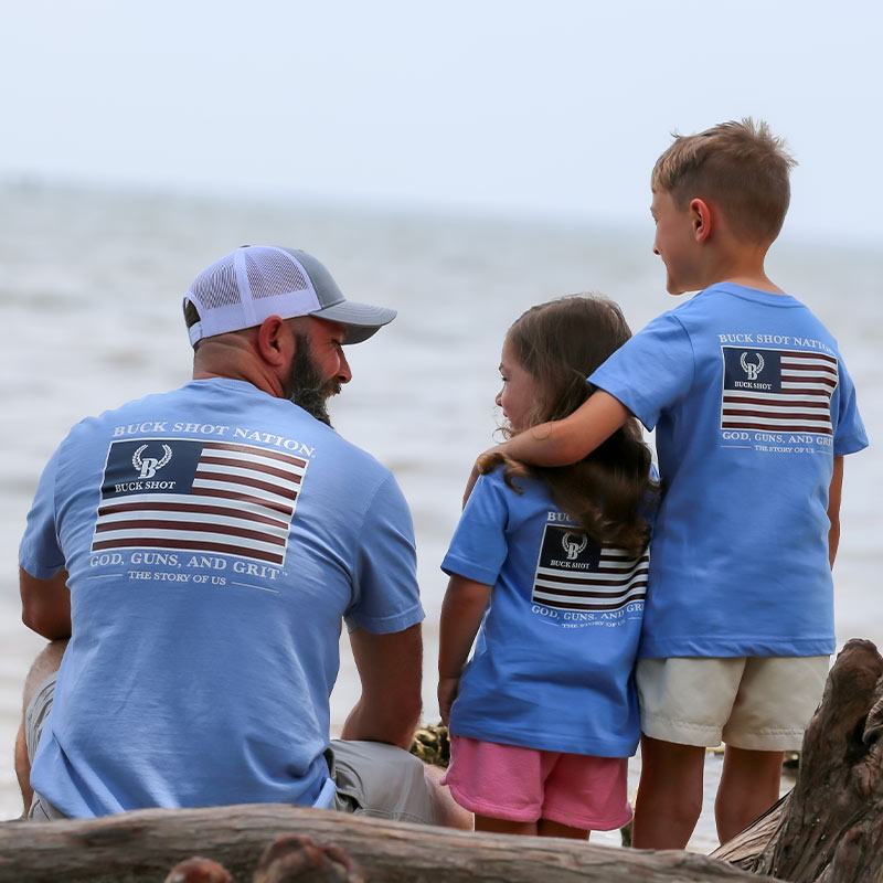 Family God Guns and Grit t-shirt laughing Family wearing Buck Shot God Guns and Grit matching t-shirts