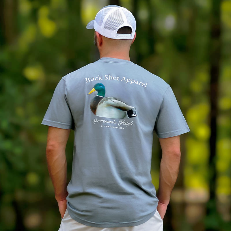 mallard-back-web Man wearing Buck Shot Mallard t-shirt